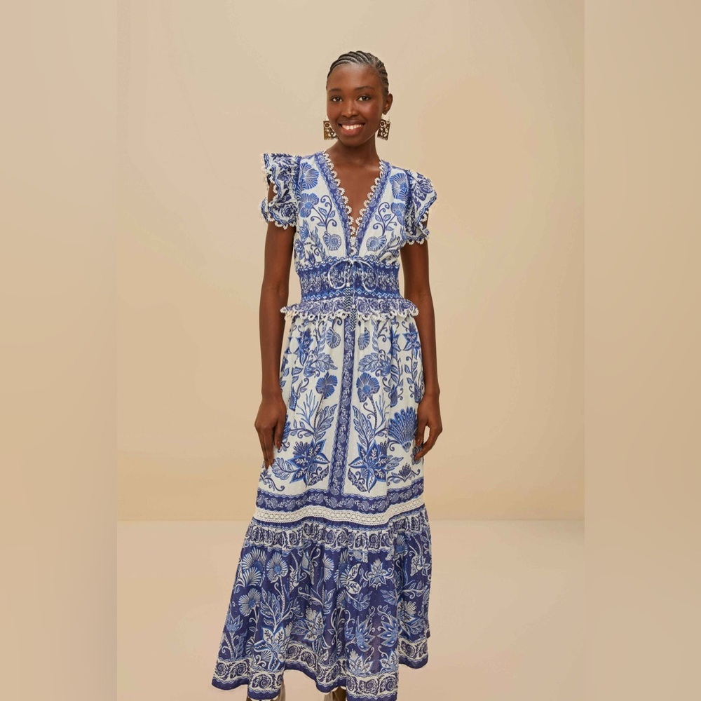 FARM Rio Blue and White Floral Maxi Dress